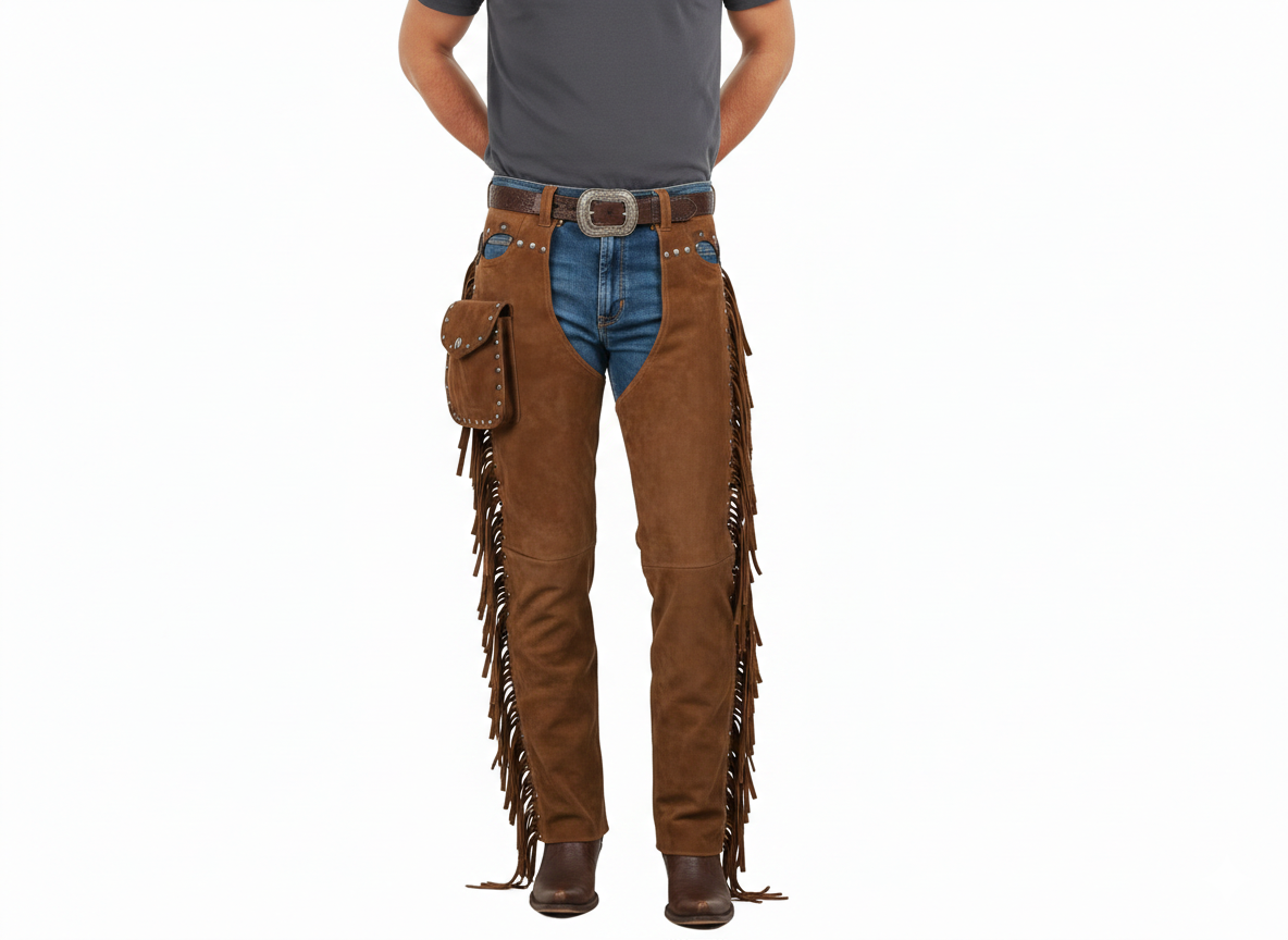 Men's cedar tan suede western chaps with side fringe and a studded utility pocket on the thigh.